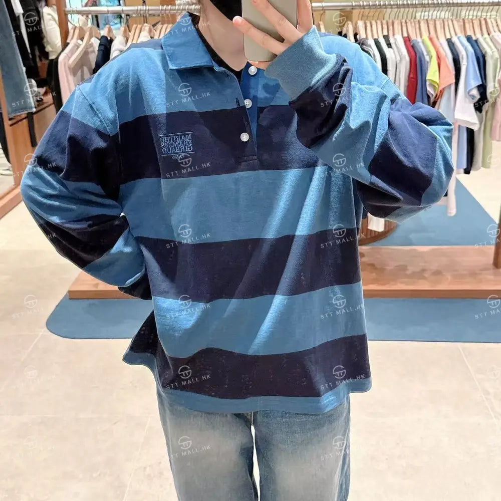 韓國 Marithe Francois Girbaud Washed Denim Collar Long Sleeve Tee【MD139】 Blue / S 一般商品