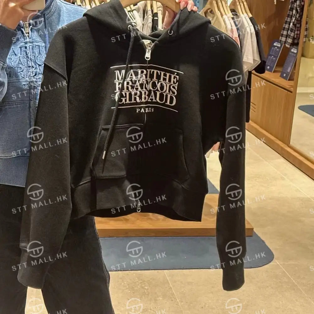 韓國 Marithe Francois Girbaud Women’s Embroidery Classic Logo Crop Hoodie Zipup【MD086】 Black / S 一般商品