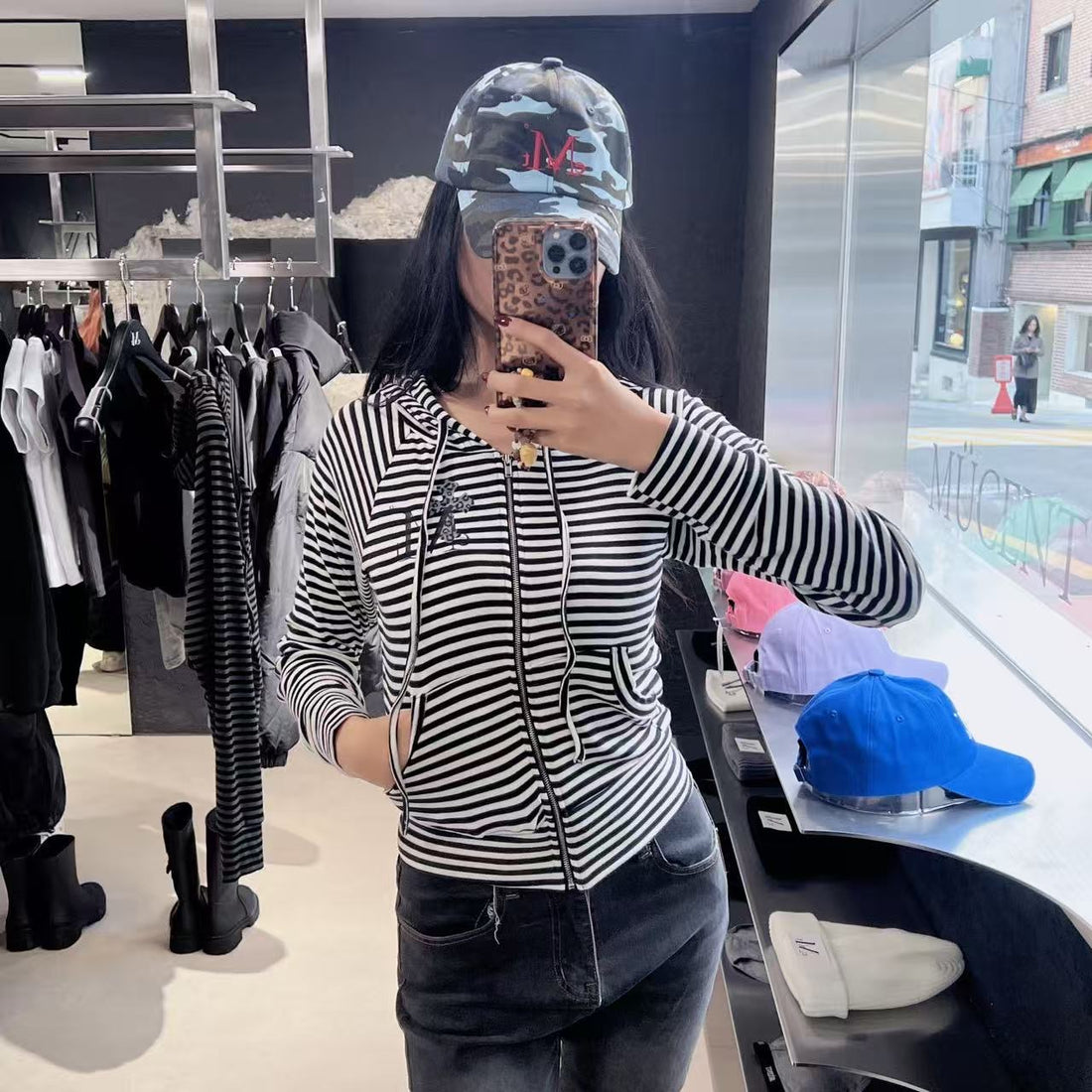 韓國 Mucent Sahara Leopard Cross Stripe Raglan Hooded Zip-Up【MU123】