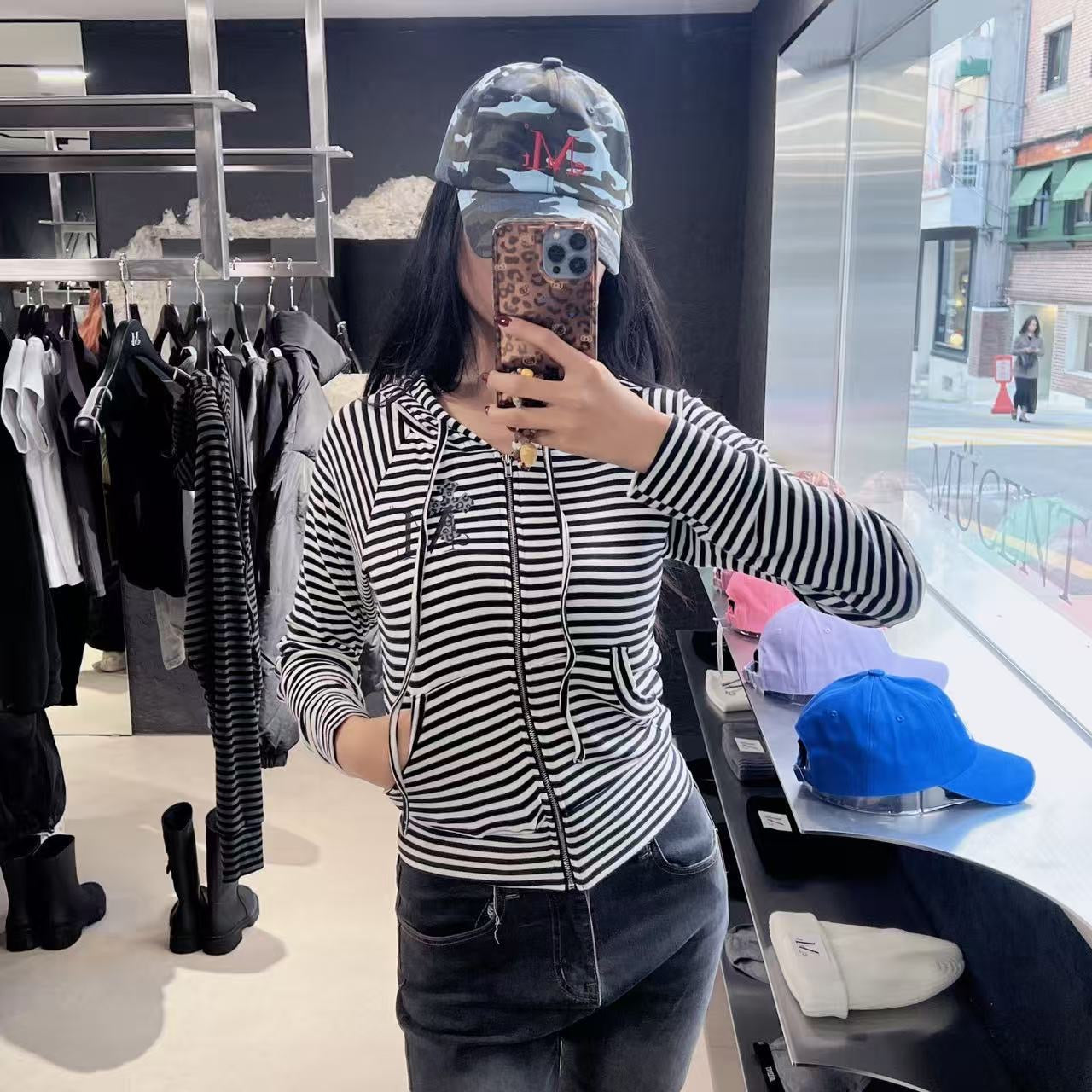 韓國 Mucent Sahara Leopard Cross Stripe Raglan Hooded Zip-Up【MU123】