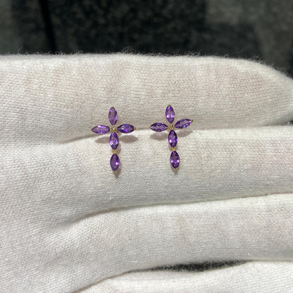 日本直送 紫水晶十字架鑽石耳釘【JS367】