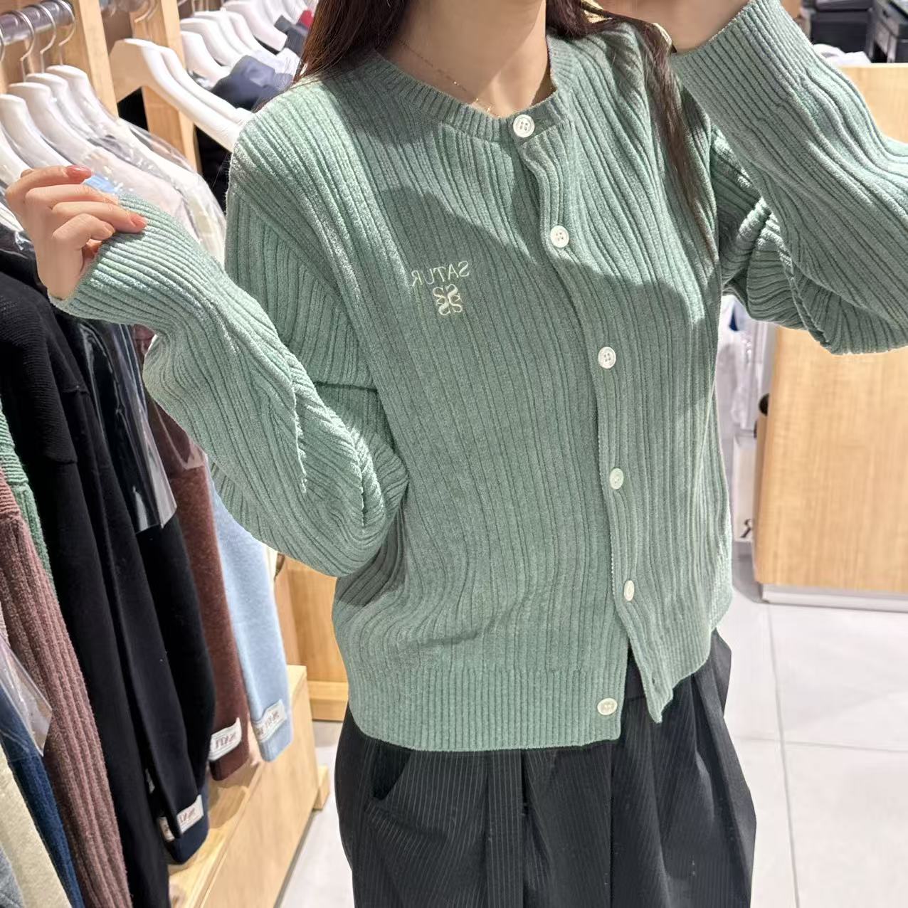 韓國 Satur Fleece Crew Neck Cardigan【SR178】