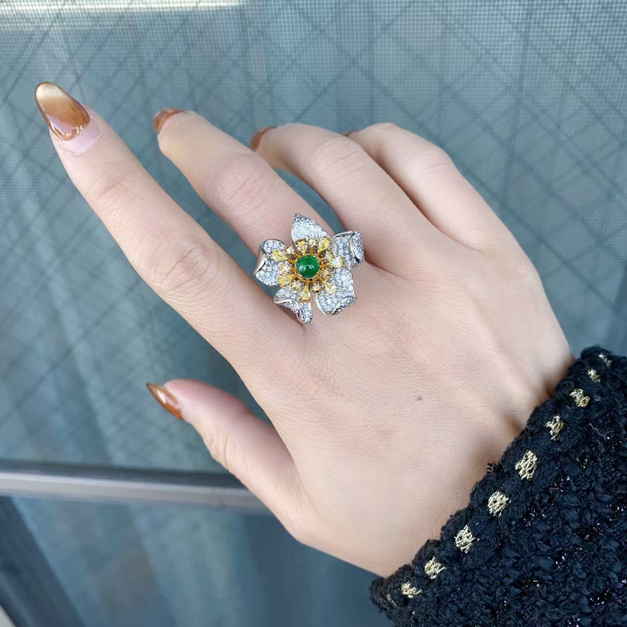 日本直送 翡翠花朵銀戒指【JS342】