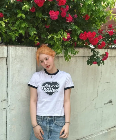 韓國 Mark Gonzales Heart Graphic Women's Ringer Short Sleeve T-Shirt【MG045】