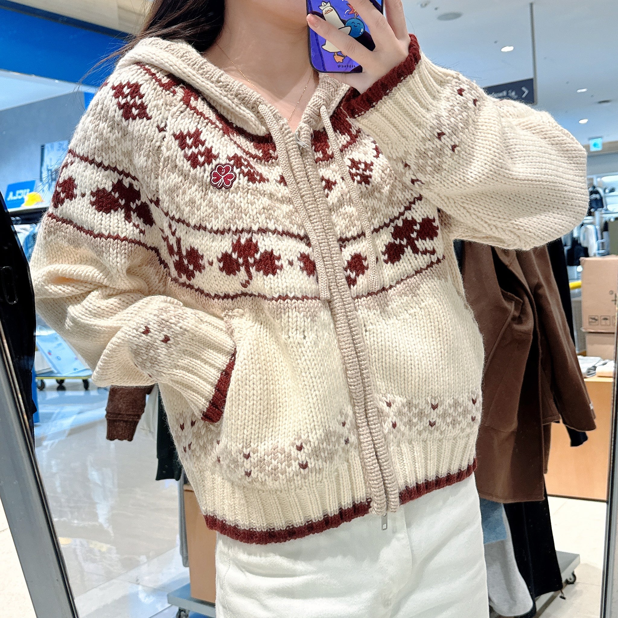 韓國 Mark Gonzales Women's Nordic Pattern Hooded Zip-Up Knit Cardigan【MG196】