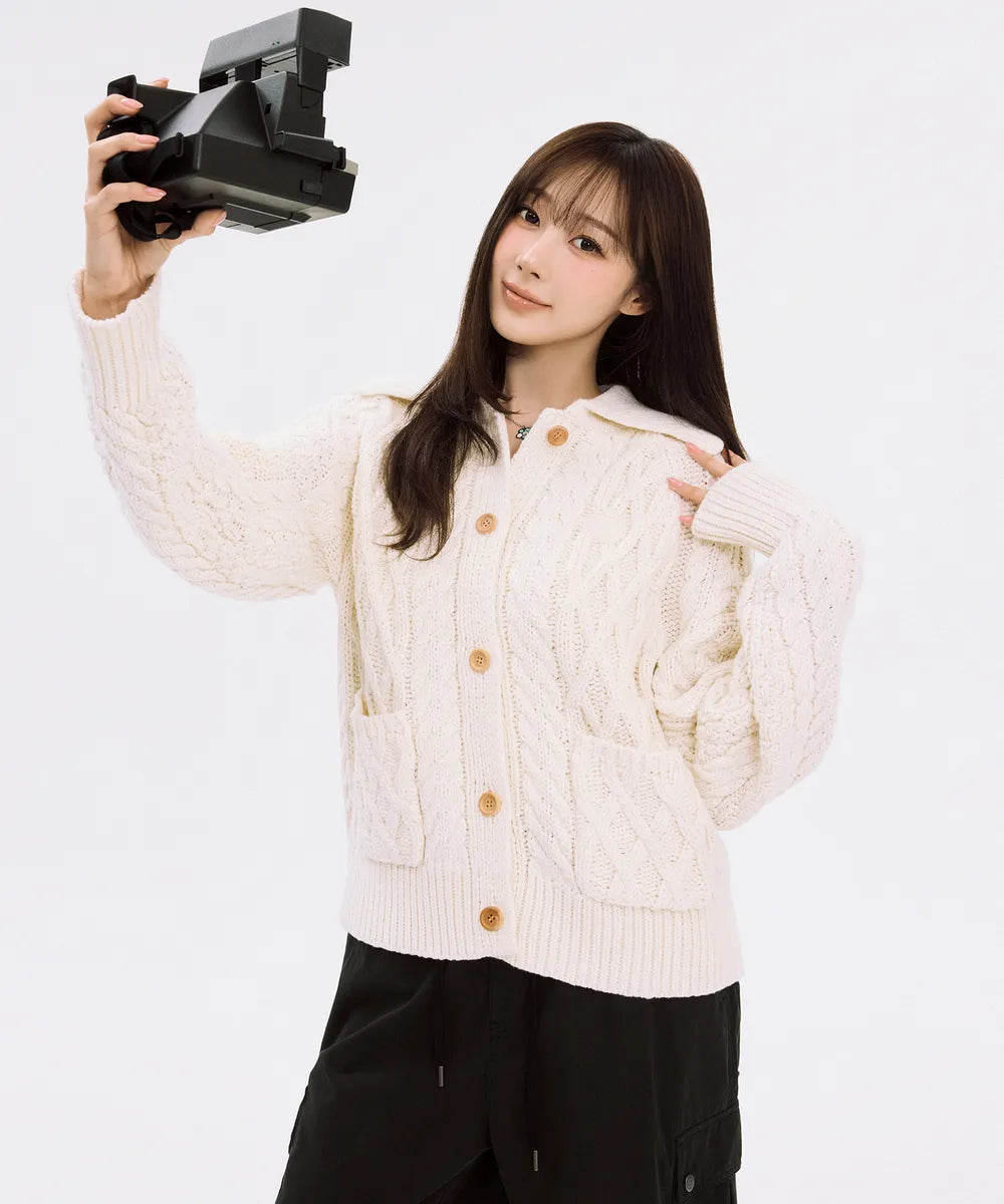 韓國 Wacky Willy Women's Cable Collar Cardigan【WW075】