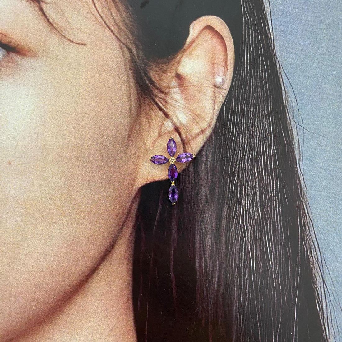 日本直送 紫水晶十字架鑽石耳釘【JS367】