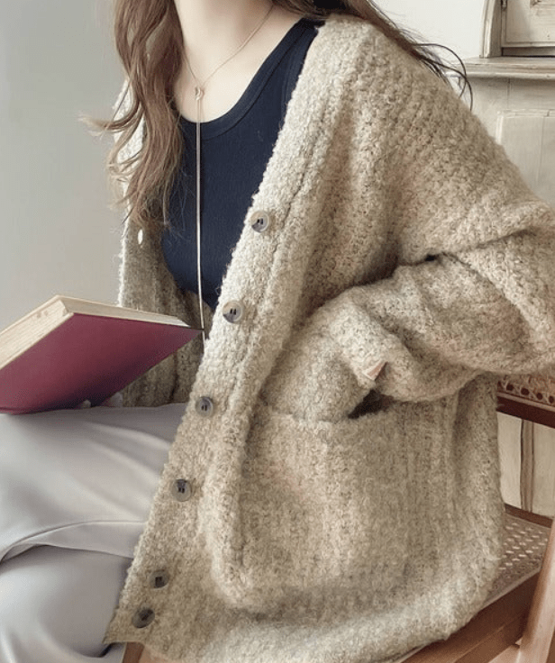 日本直送 毛圈 V 領開襟衫 - STT Mall HK 靚太網購 -- 淺褐色 / S