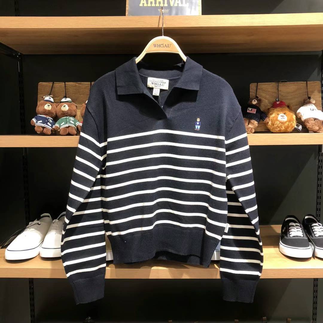 韓國 Who.A.U Steve Open Collar Stripe Pullover【WA059】 - STT Mall HK 靚太網購