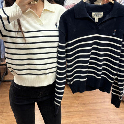 韓國 Who.A.U Steve Open Collar Stripe Pullover【WA059】 - STT Mall HK 靚太網購