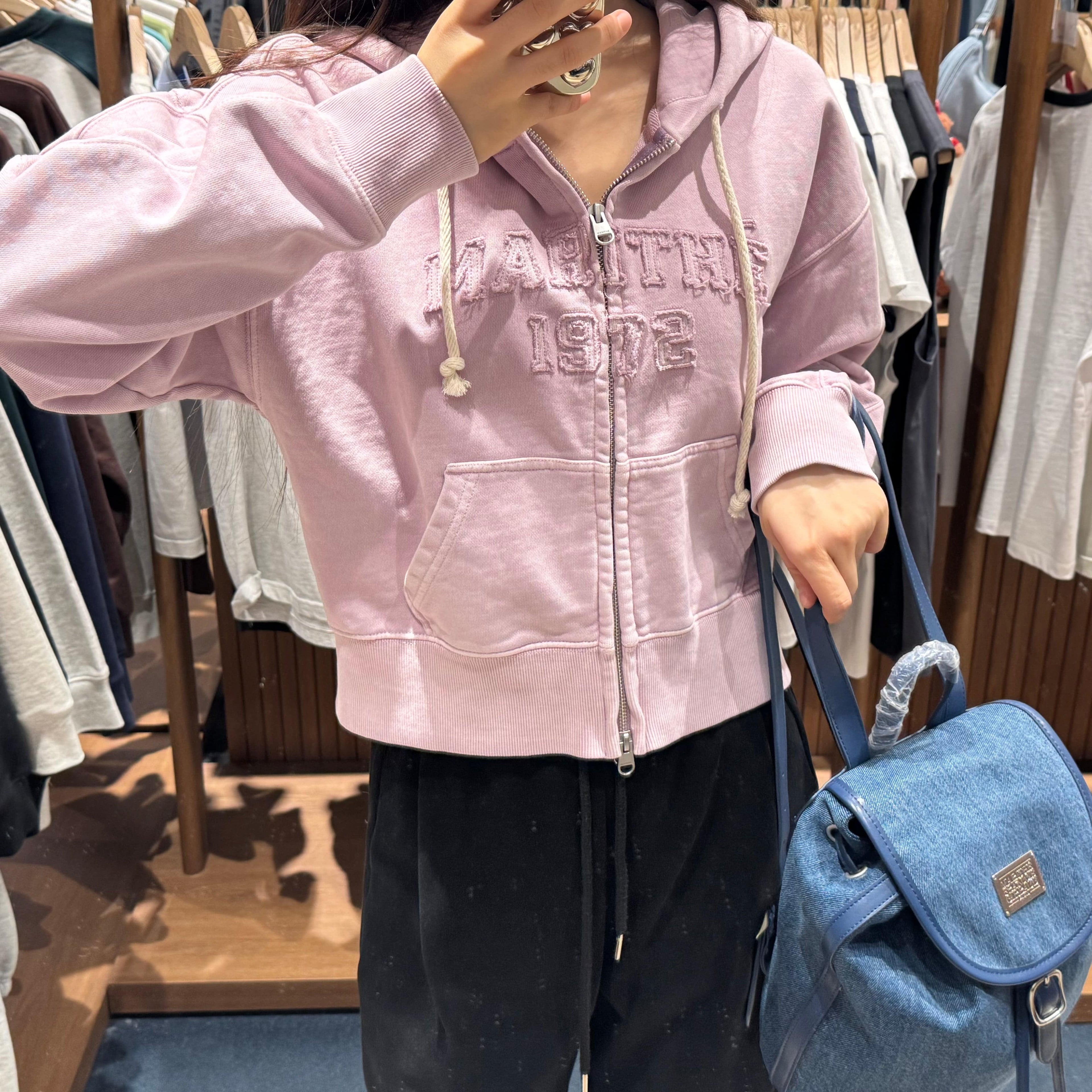 韓國 Marithe Francois Girbaud W VINTAGE DYEING APPLIQUE LOGO CROP HOODIE ZIPUP 【MF024】 - STT Mall HK 靚太網購