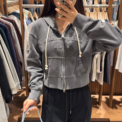 韓國 Marithe Francois Girbaud W VINTAGE DYEING APPLIQUE LOGO CROP HOODIE ZIPUP 【MF024】 - STT Mall HK 靚太網購