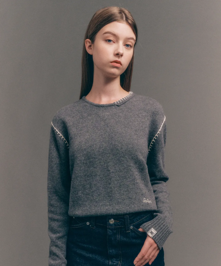 韓國 Satur (W) Contrast Stitch Semi Crop Knit【SA032】