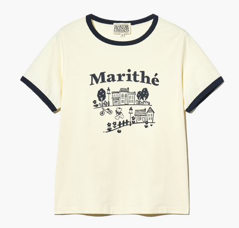韓國 Marithe Francois Girbaud Women's DOODLE HOUSE GRAPHIC RINGER T-SHIRTS【MF563】