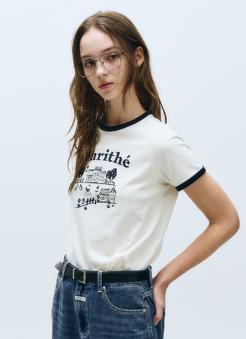 韓國 Marithe Francois Girbaud Women's DOODLE HOUSE GRAPHIC RINGER T-SHIRTS【MF563】