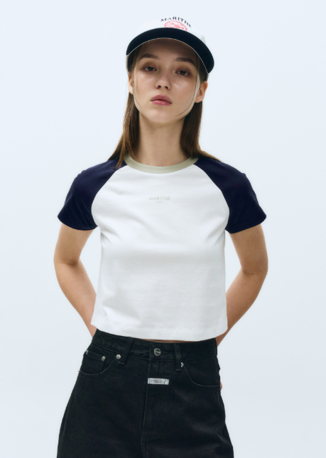 韓國 Marithe Francois Girbaud Women's 2-TONE RAGLAN CROP T-SHIRT【MF489】