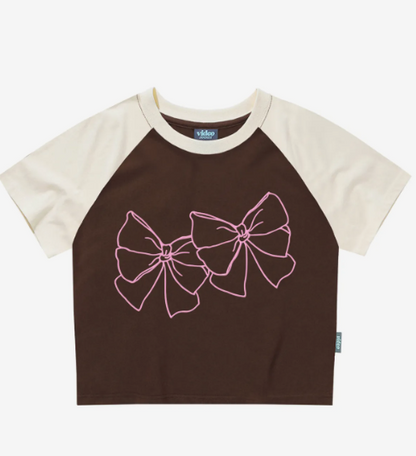 韓國 Video Jockey Outline Ribbon Raglan Crop T-Shirt【VJ071】