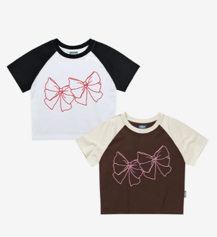 韓國 Video Jockey Outline Ribbon Raglan Crop T-Shirt【VJ071】