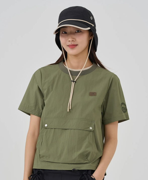 韓國 BBC W Kangaroo Pocket Woven Round T-Shirt【BC053】