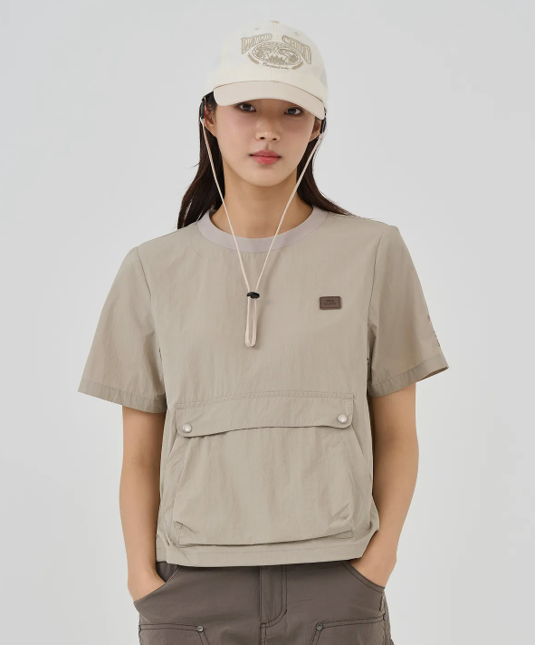 韓國 BBC W Kangaroo Pocket Woven Round T-Shirt【BC053】