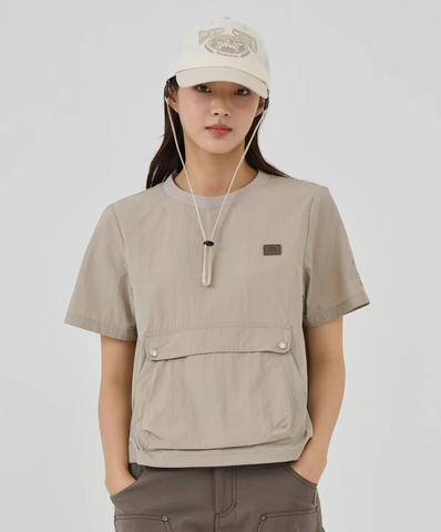 韓國 BBC W Kangaroo Pocket Woven Round T-Shirt【BC053】