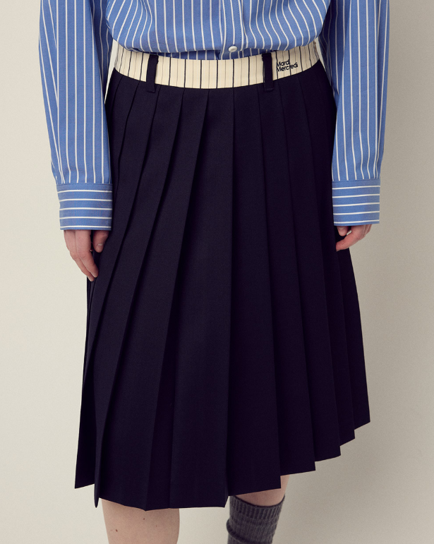韓國 Mardi Mercredi Wool Pleates Midi Skirt Contrast Waistband【MM148】