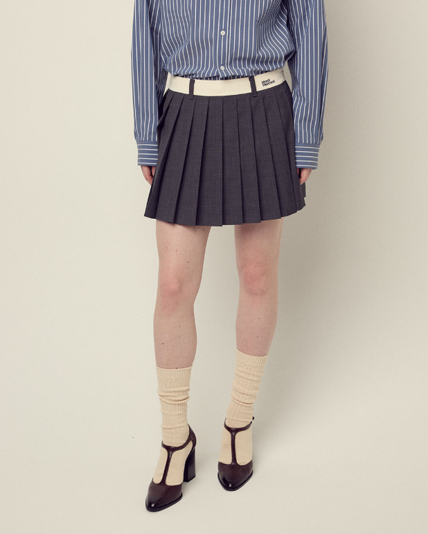 韓國 Mardi Mercredi Wool Pleates Mini Skirt Contrast Waistband【MM149】