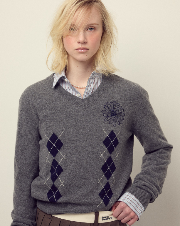 韓國 Mardi Mercredi Cashmere Blended V Neck Argyle【MM157】