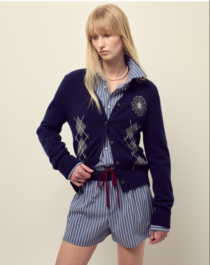 韓國 Mardi Mercredi Cashmere Blended Cardigan V Neck Argyle【MM158】