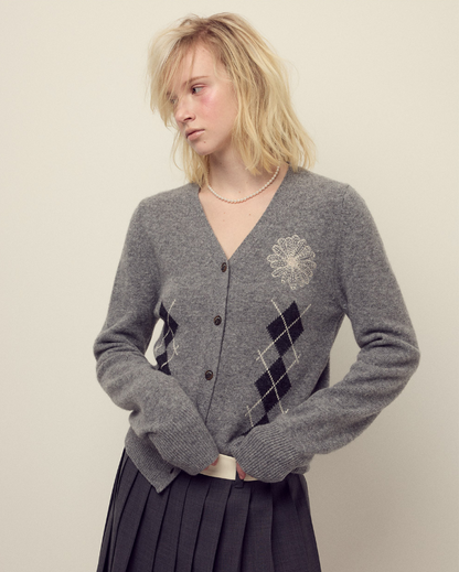 韓國 Mardi Mercredi Cashmere Blended Cardigan V Neck Argyle【MM158】