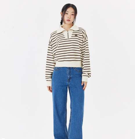韓國 Mark Gonzales Women's Club Stripe Half Zip-Up Sweatshirt【MG131】