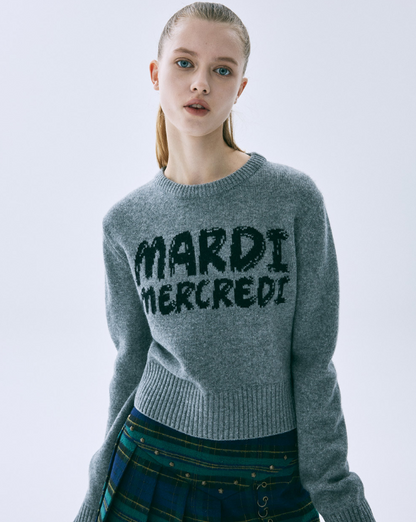 韓國 Mardi Mercredi Cashmere Cropped Round Neck Brush Logo Contrast【MM187】
