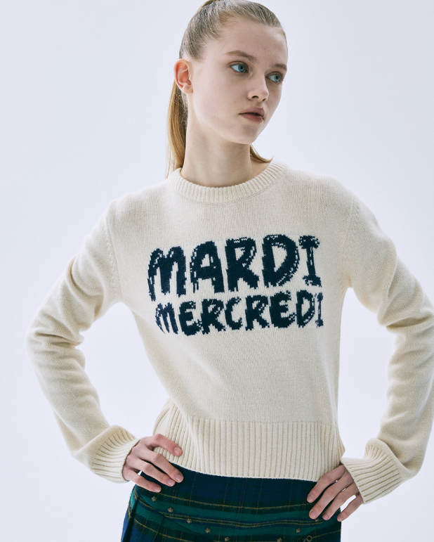 韓國 Mardi Mercredi Cashmere Cropped Round Neck Brush Logo Contrast【MM187】