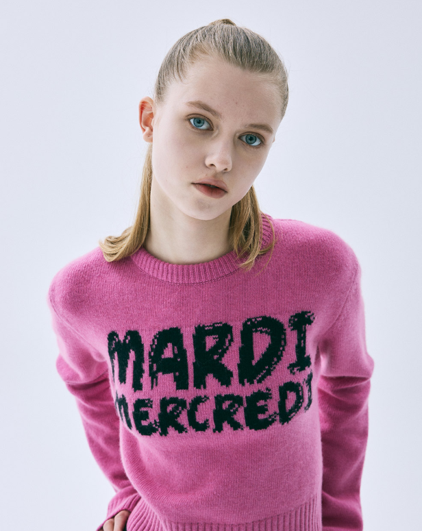 韓國 Mardi Mercredi Cashmere Cropped Round Neck Brush Logo Contrast【MM187】