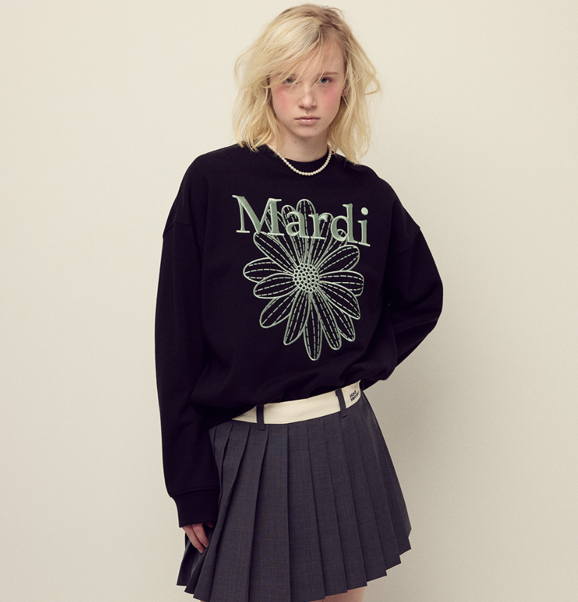 (限時優惠) 韓國 Mardi Mercredi SWEATSHIRT FLOWERMARDI NEEDLEWORK 刺繡款 - Black Mint【TS008】