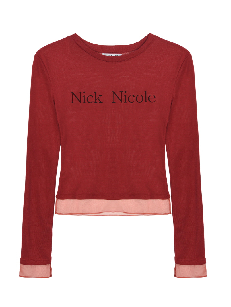 韓國 Nick Nicole Sheer Layered Logo Sleeve Top【NK095】