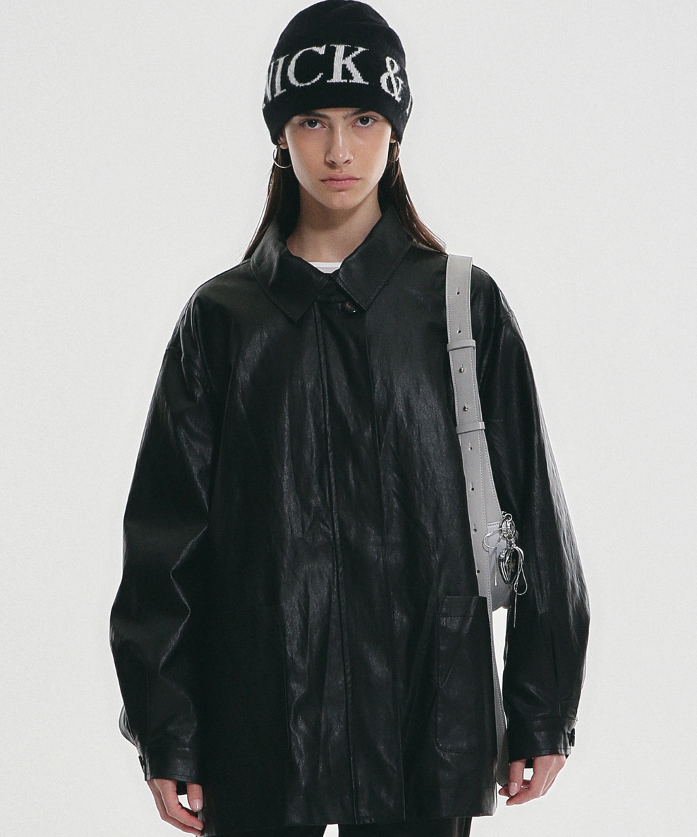 韓國 Nick Nicole Hidden Button Midi Leather Jacket【NK047】