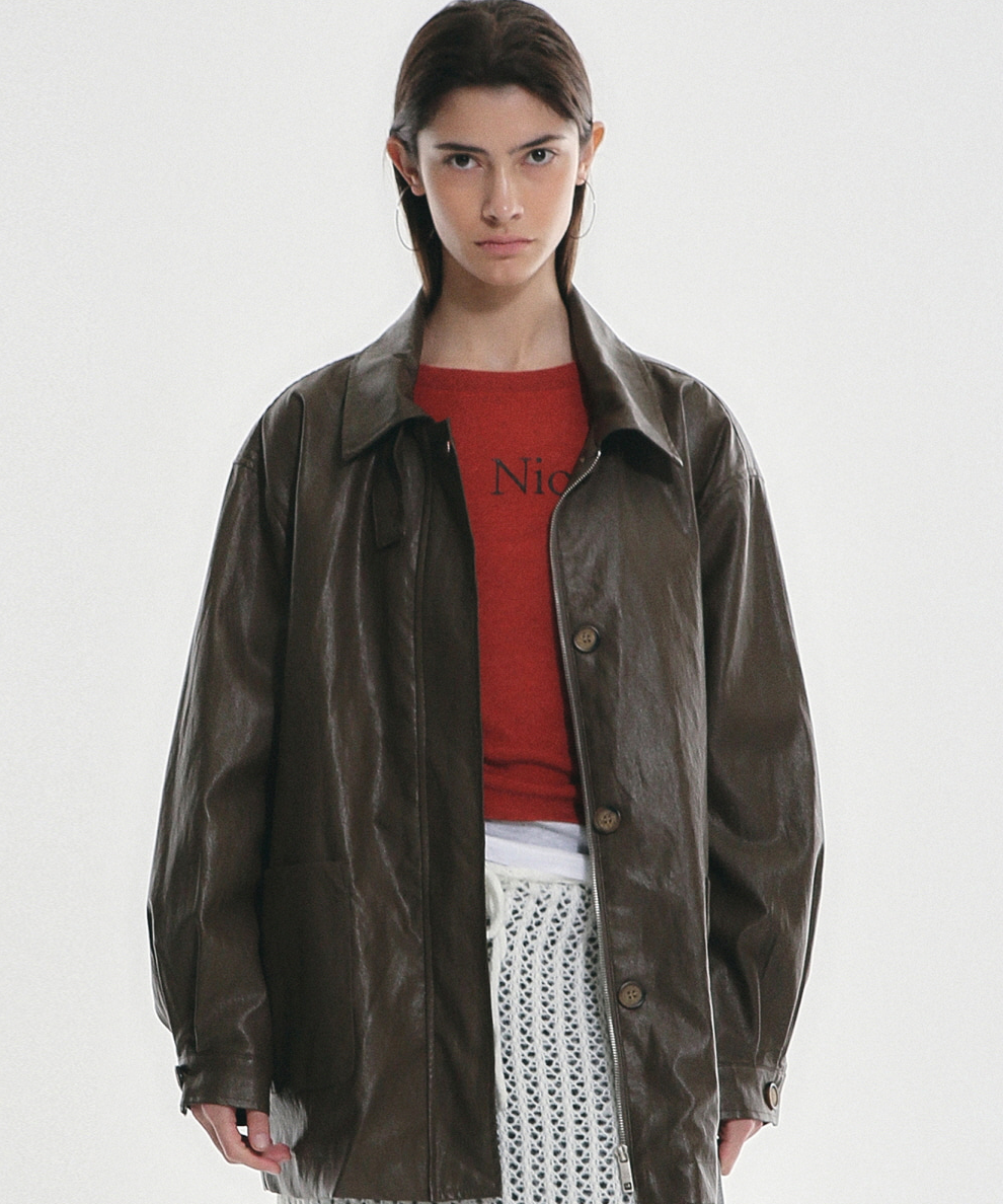 韓國 Nick Nicole Hidden Button Midi Leather Jacket【NK047】