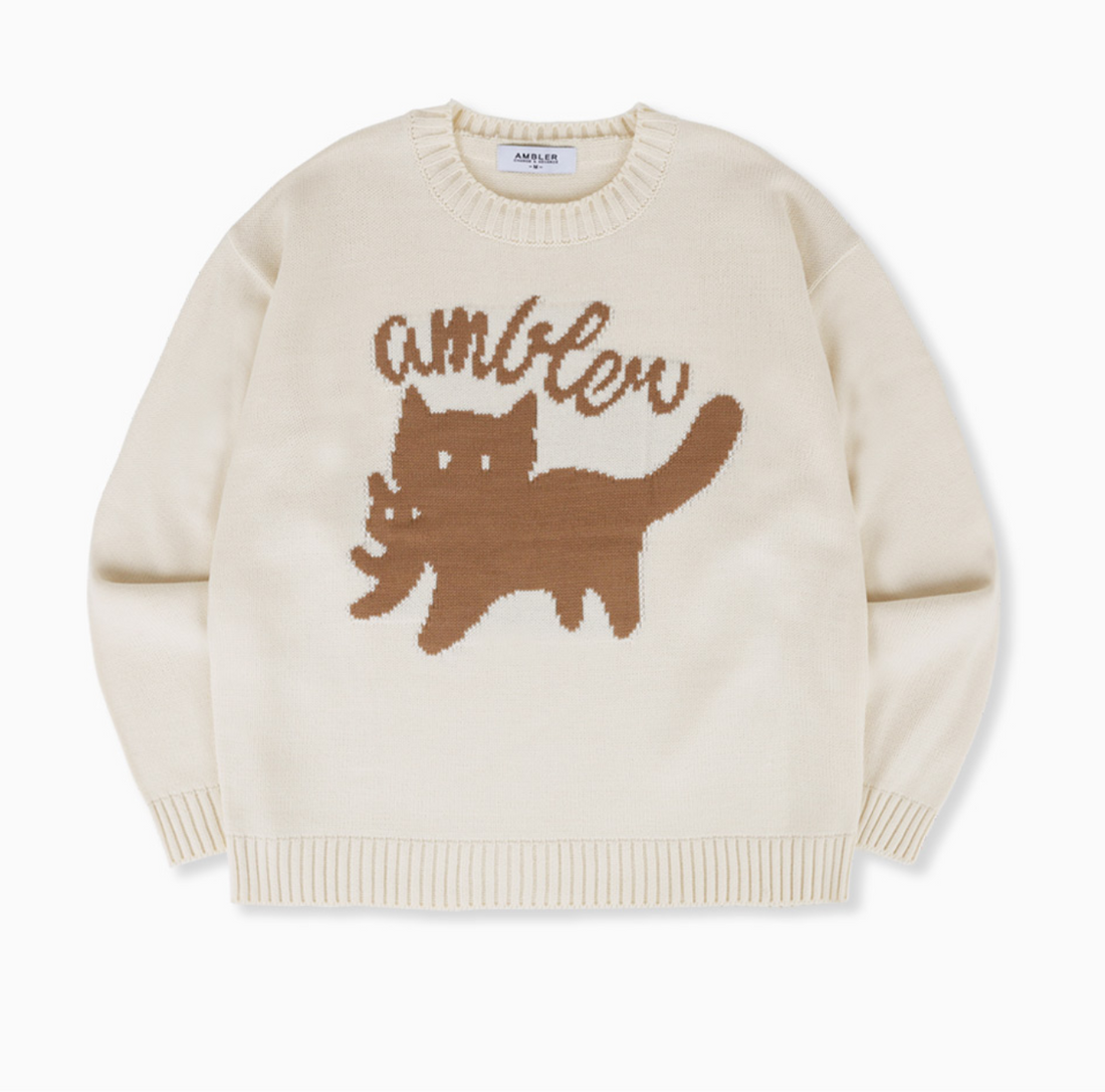 韓國 Ambler Cat Biting Cat Pullover Neck Crew Sweater Knit【AR137】