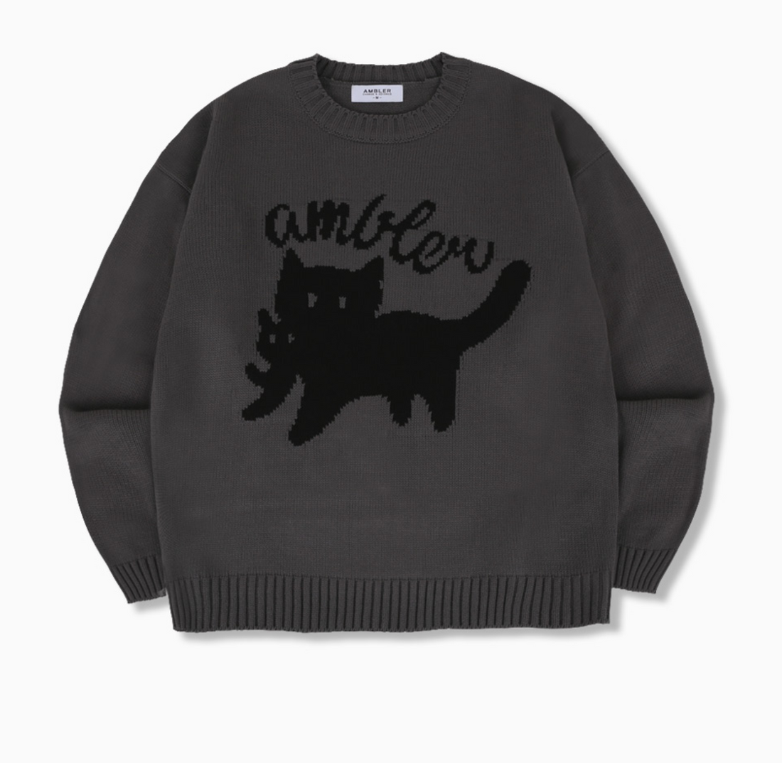 韓國 Ambler Cat Biting Cat Pullover Neck Crew Sweater Knit【AR137】