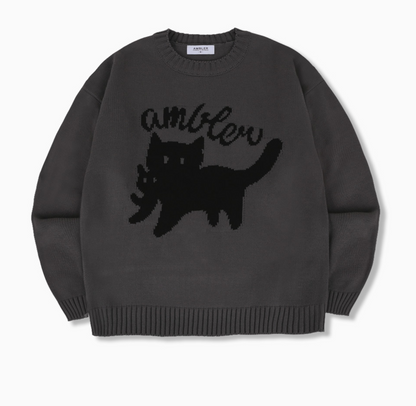 韓國 Ambler Cat Biting Cat Pullover Neck Crew Sweater Knit【AR137】