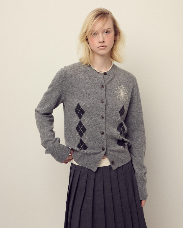 韓國 Mardi Mercredi Cashmere Blended Cardigan Round Neck Argyle【MM223】