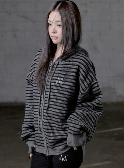 韓國 Mucent Mei Stripe Hand-Warmer Knit Zip-Up【MU186】