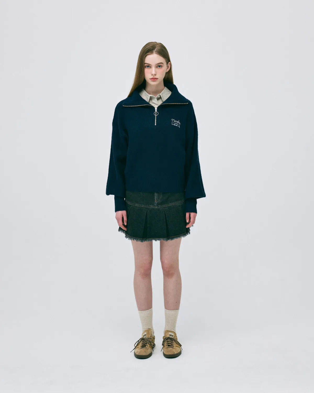 韓國 Nerdy Women's Lovely Letter Wool Blend Half Zip-Up Sweater【NY069】