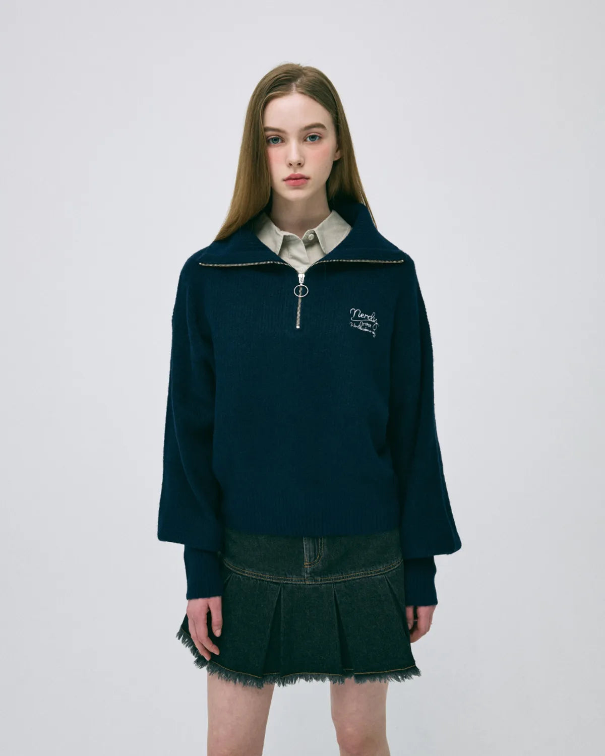 韓國 Nerdy Women's Lovely Letter Wool Blend Half Zip-Up Sweater【NY069】