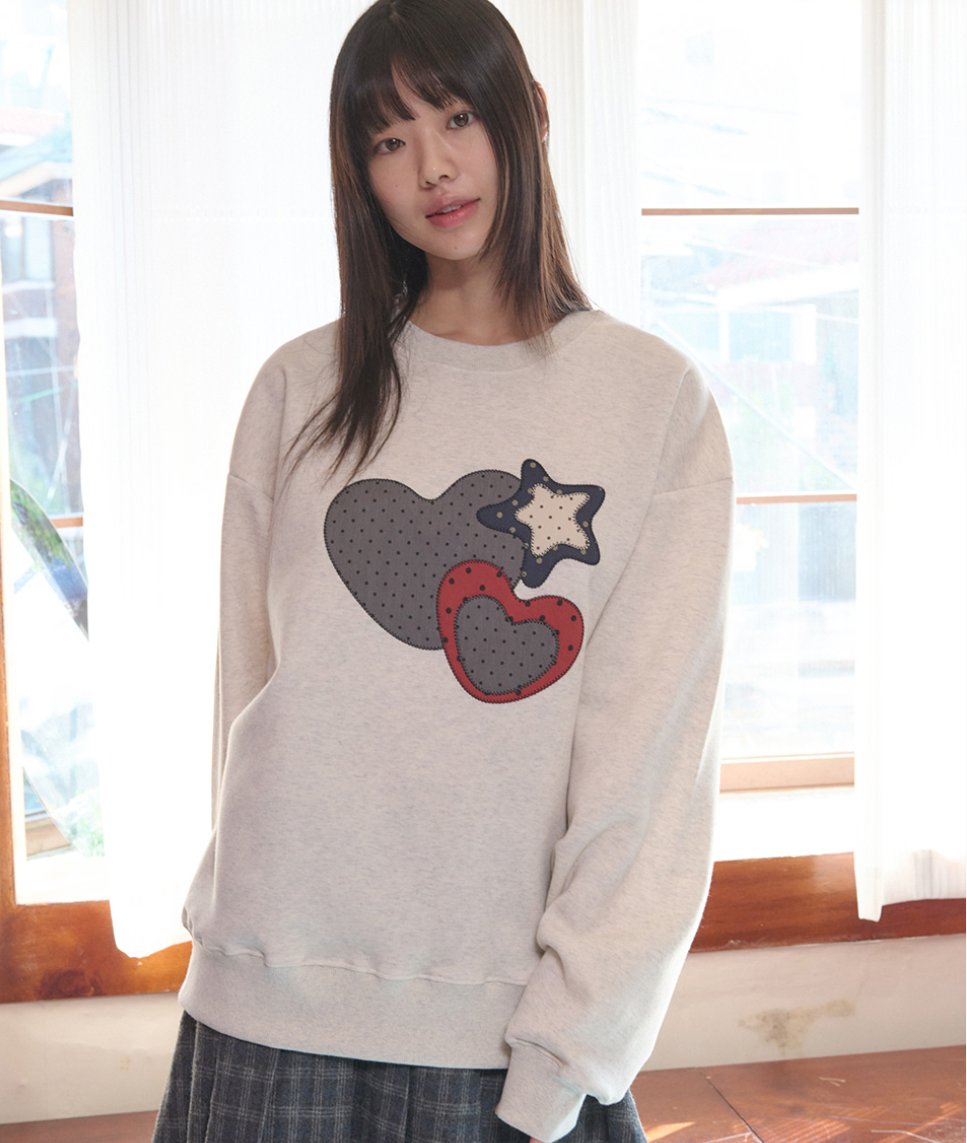 韓國 Ambler MY HEART Applique Embroidery Sweatshirt T-Shirt【AR159】