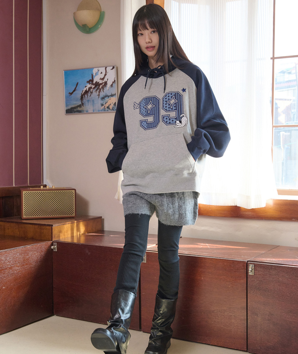 韓國 Ambler Dot Cat Applique Embroidery Raglan Hooded Sweatshirt【AR163】