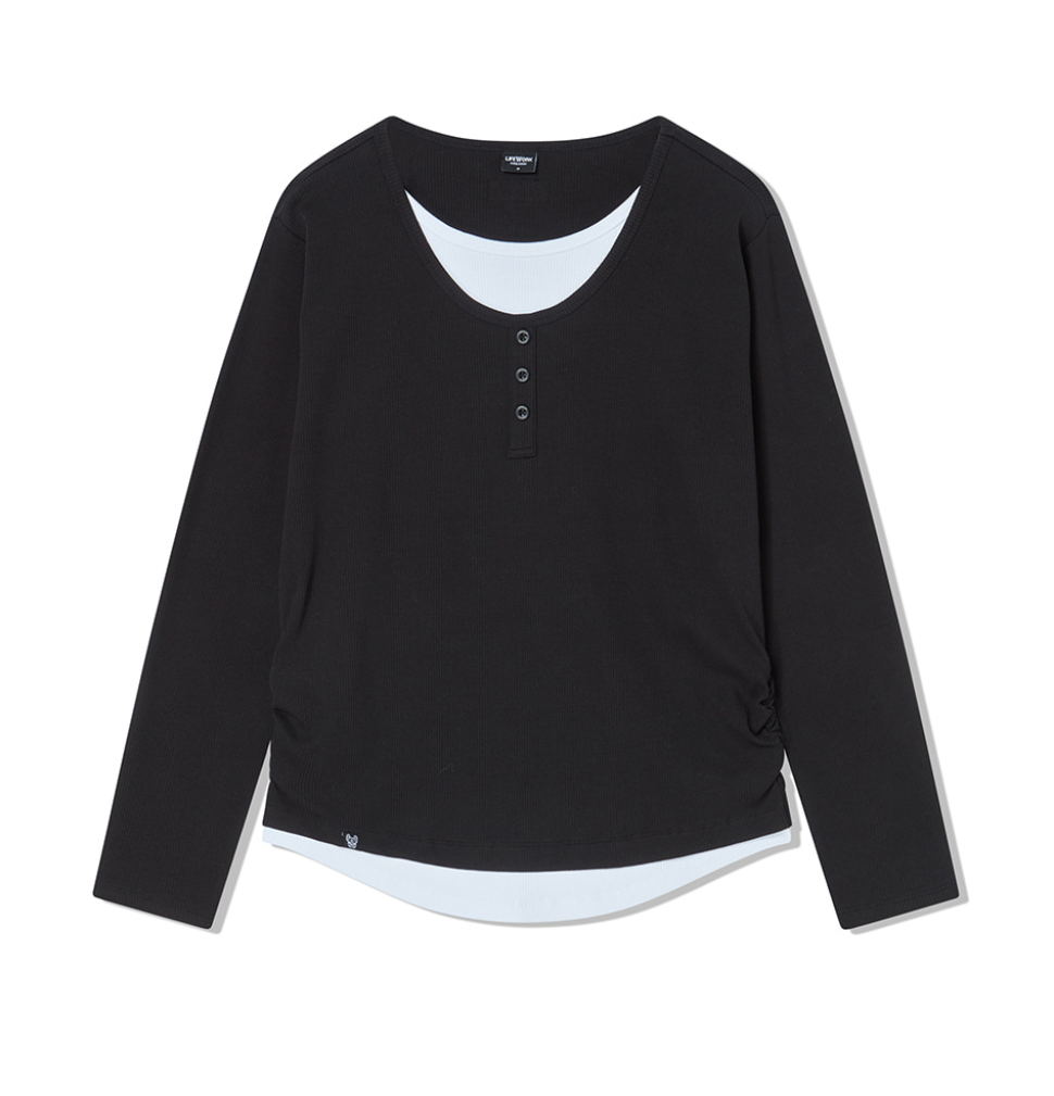 韓國 Lifework Women's Layered Henley Neck Long Sleeve T-Shirt【SC150】