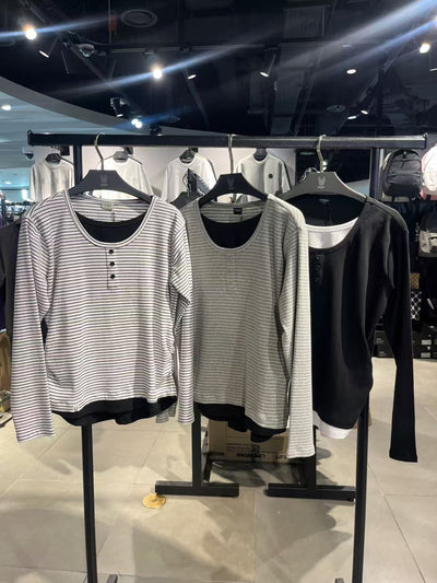 韓國 Lifework Women's Layered Henley Neck Long Sleeve T-Shirt【SC150】