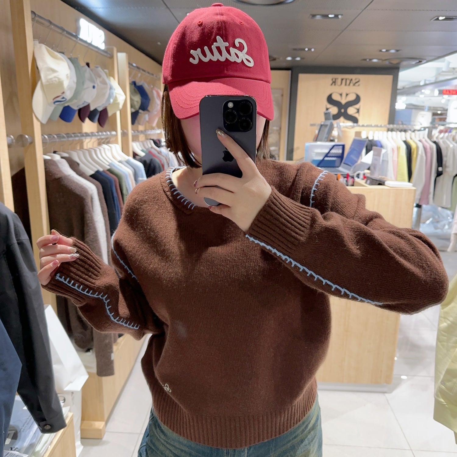 韓國 Satur (W) Contrast Stitch Semi Crop Knit【SR032】